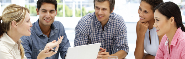 Five employees discussing business